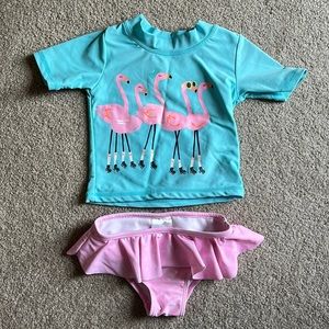 EKooBee 18 month Two Piece Swim Suit Flamingos with a Ruffled Skirted Bottom